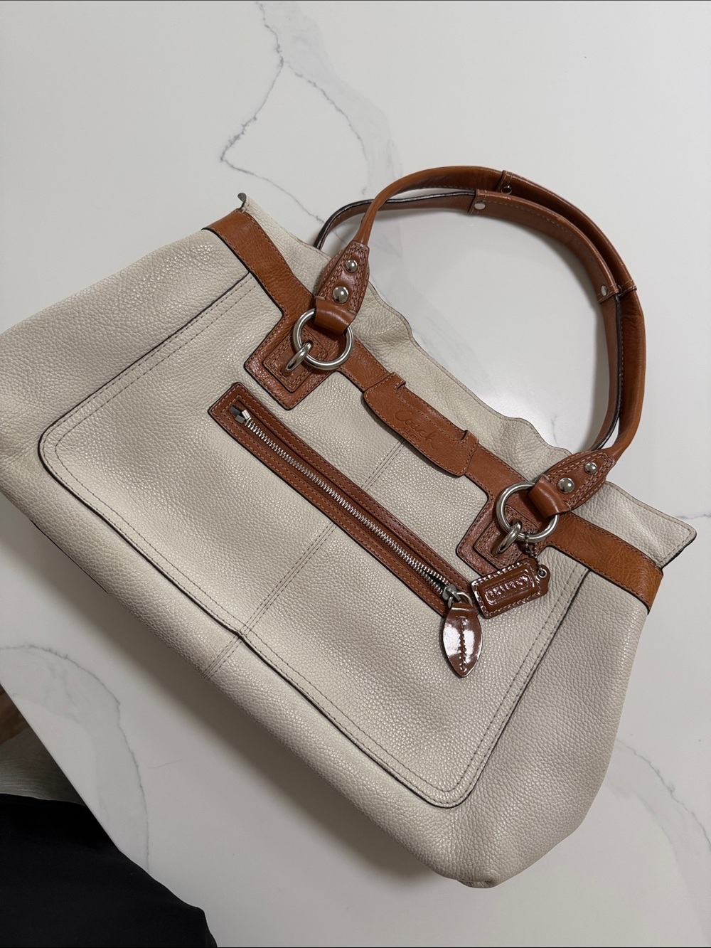 Coach Cream Leather Tote with Brown Trim